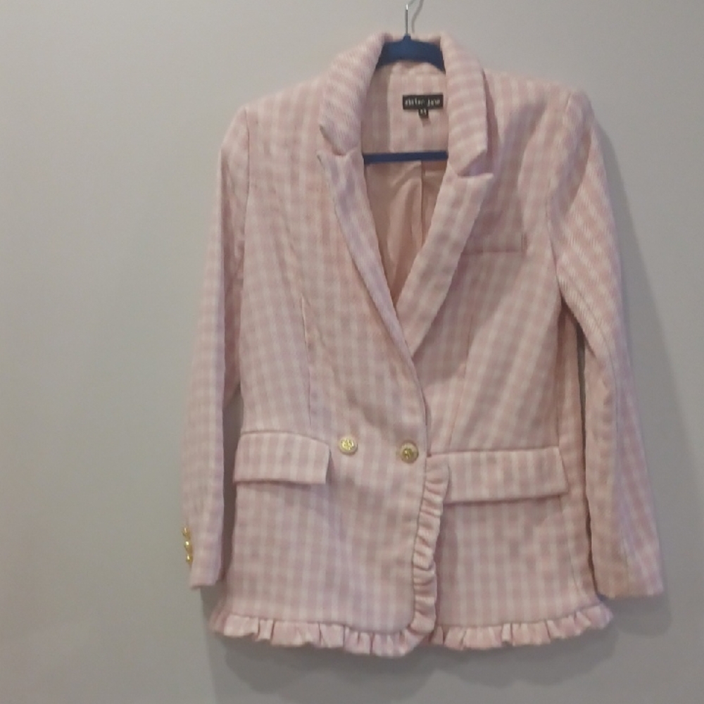 Sister Jane Pink and White Gingham Blazer with Gold Buttons